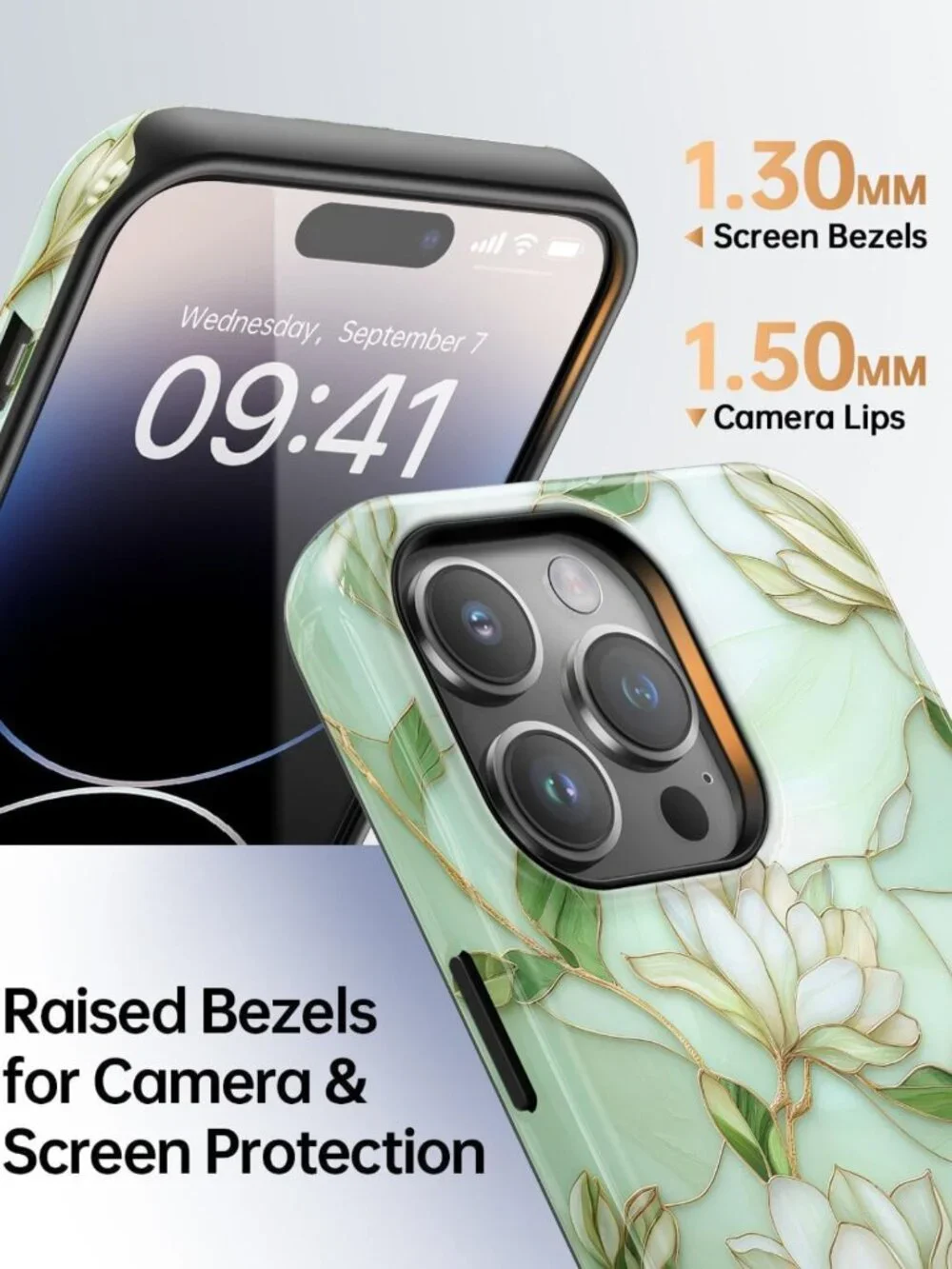Elegant Green Floral Stained Glass iPhone 15 Pro Case, Slim & Shockproof